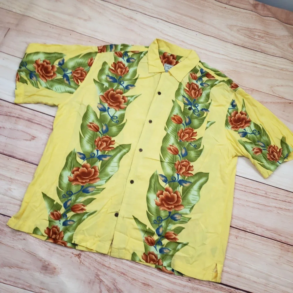 Tony Lambert‎ Shirt Mens Large Yellow Button Floral Tropical Rayon Hawaiian Camp